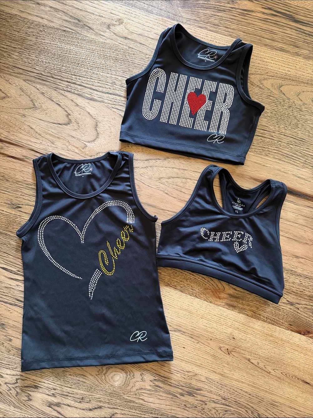 Girls' Cheer Tank Black/Bling Set of 3 - YL (Youth Large)